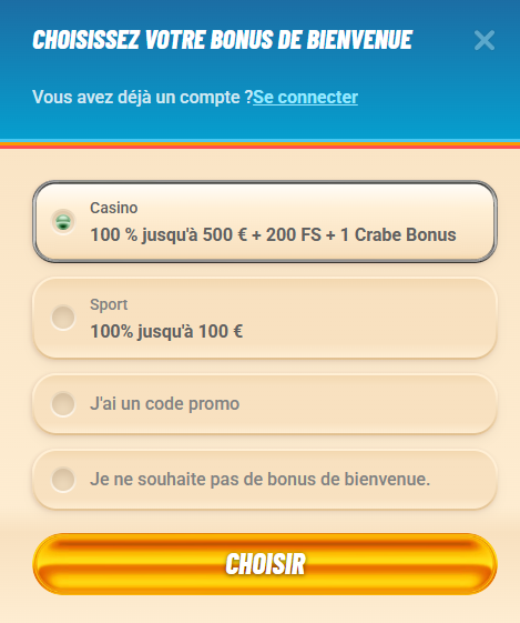 Interface d inscription avec bonus Vegasino